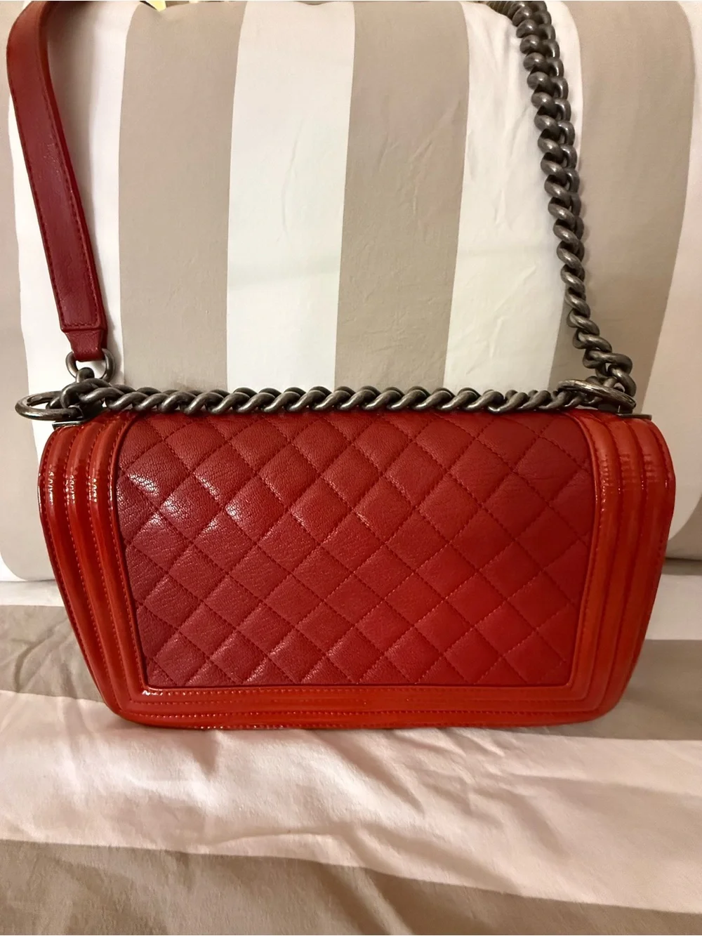 CHANEL Red Quilted Boy Bag with gray-Tone Hardware